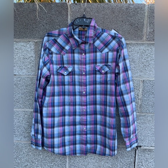 Wrangler Tops - Wrangler Pearl Snap Shirt Plaid Long Sleeve Purple Pink Blue Western Cowgirl XL